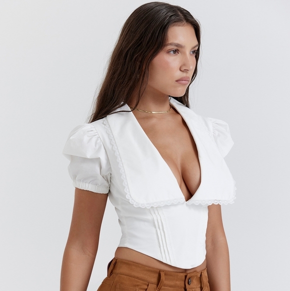 NWT House of CB Augusta white pin tuck top plunge blouse top L - Picture 2 of 8